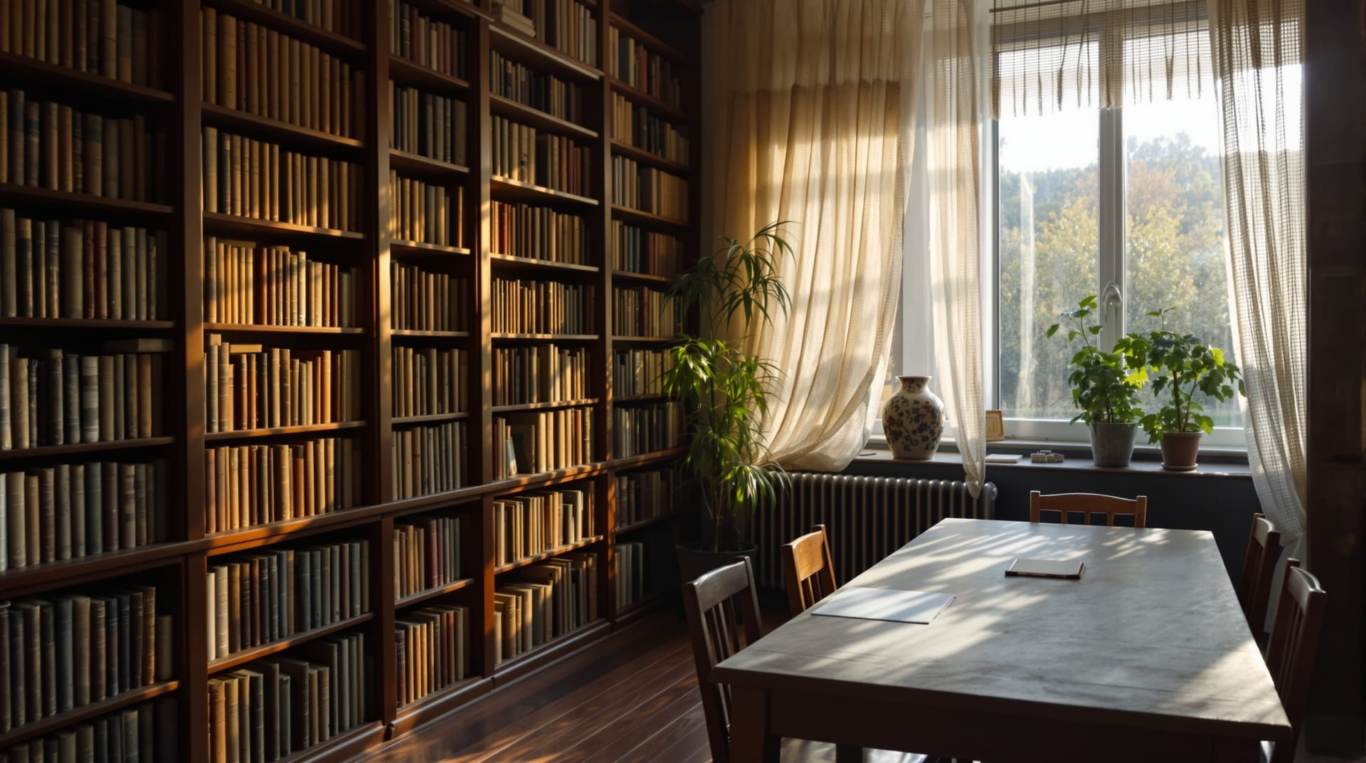 Читалня в селско читалище — дървени рафтове с книги, дълга маса и следобедна светлина през прозореца