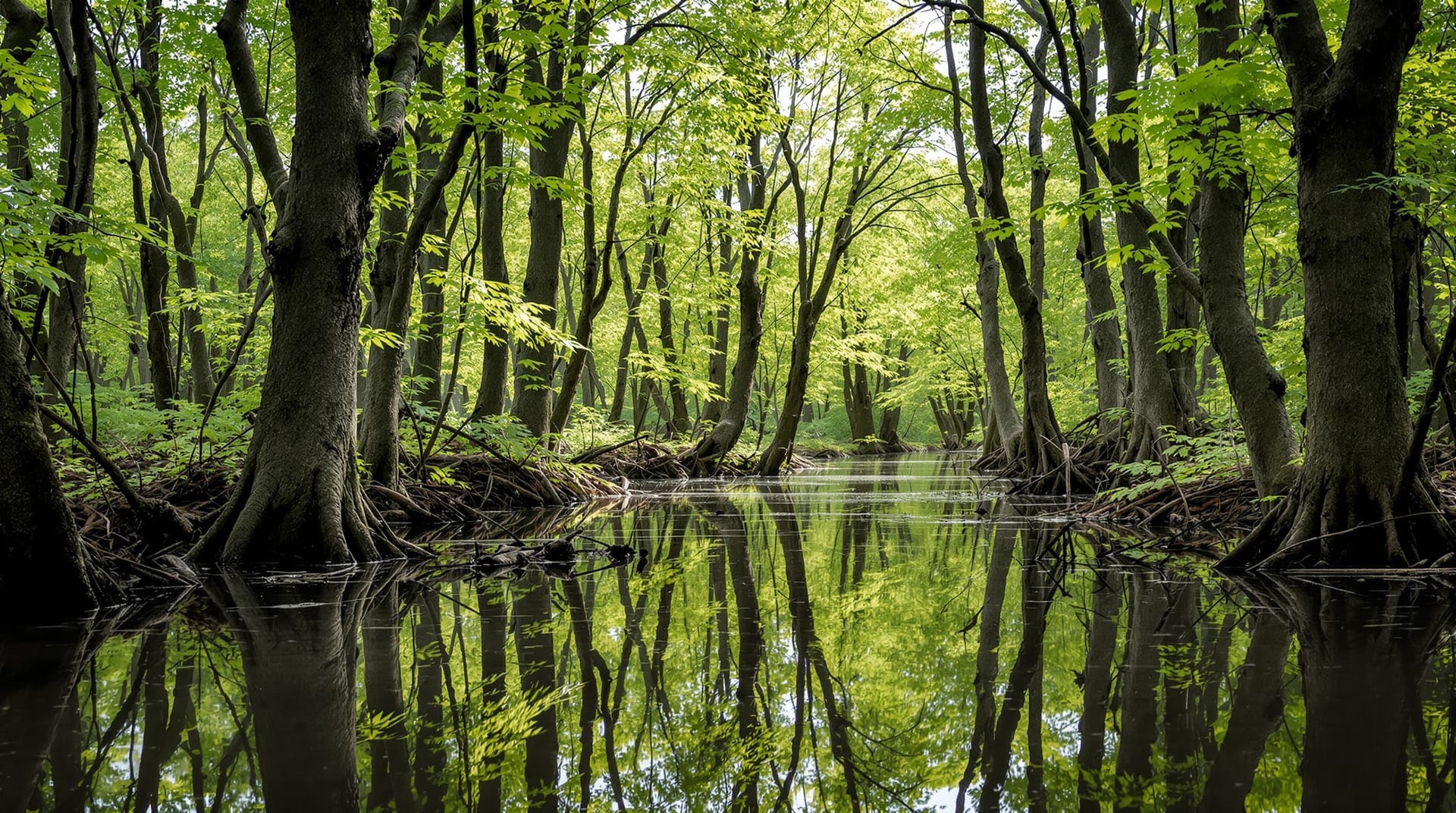 Върбово-тополова гора на дунавски остров с разлята вода между дърветата